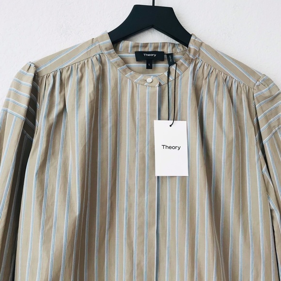 New! Theory Shirred Yoke Mandarin Collar Buttoned Down Blouse Top - Picture 7 of 15